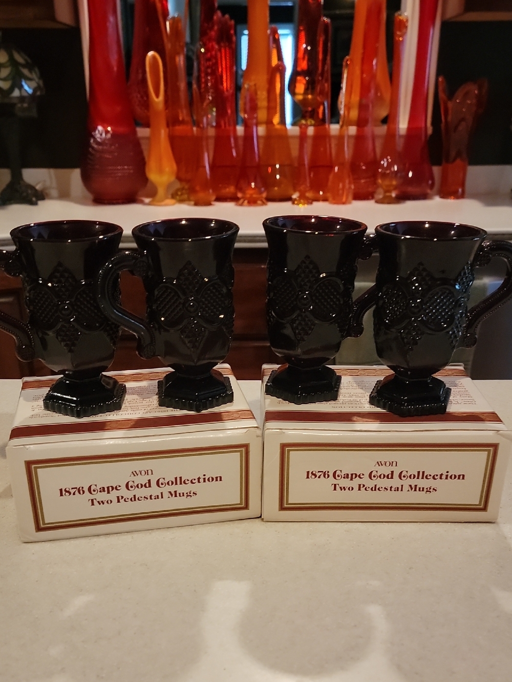 4 Mugs Avon  Cape Cod Ruby Red Pedestal Mugs - Set of Four